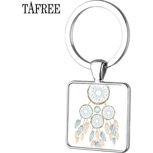TAFREE Dreamcatcher Square Keychain New Silver Plated Key Chain Men Women door Car keyring birthday gift Special Jewelry DH124