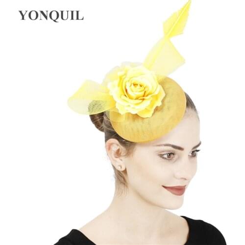 Bridal Wedding Yellow Hat Fascinator Headband For Women Elegant Occasion Formal Millinery Caps With Flower Hair Accessories