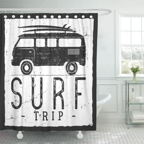 Surf Trip Summer Surfing Retro Badge Beach Surfer Emblem Waterproof Polyester Fabric Shower Curtain 60 x 72 inches Set with Hook