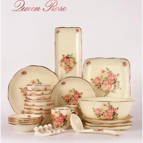 27 pieces a set 4 people use Ceramic bowl plate cup gilt edged tableware bowl Rose printing
