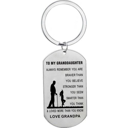 12PC To My Granddaughter Keyring Stainless Steel Dog Tag Charm Pendant Keychain Women Girl Love Jewelry Children Christmas Gifts