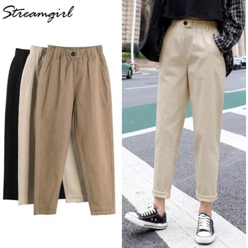 Autumn Harem Pants For Women Khaki Vintage Womens Trousers Women Streetwear Casual Loose Womens Pants Elastic Waist Apricot