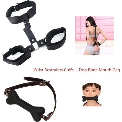 Flirt Toys BDSM Sexy Collar Wrist Restraints Cuffs & Dog Bone Mouth Gag Fetish Sex Toy Restraint Bondage for Lovers and Couples