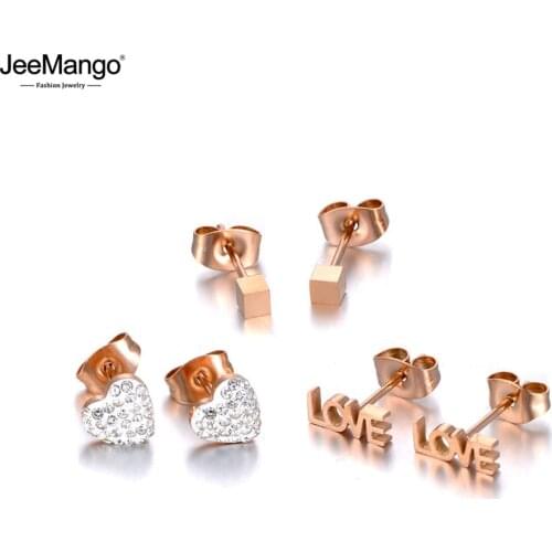 JeeMango Trendy 3Pair/Set Stainless Steel Heart & LOVE & Square Earrings For Women Party Earrings For Christmas Gift JE19285