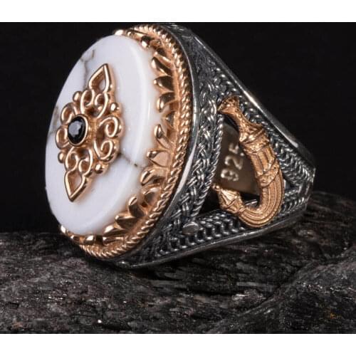 Oval White Pearl Stone and Zircon Stone Ring Sword Style Ring Ornate Vintage Men Silver Accessories