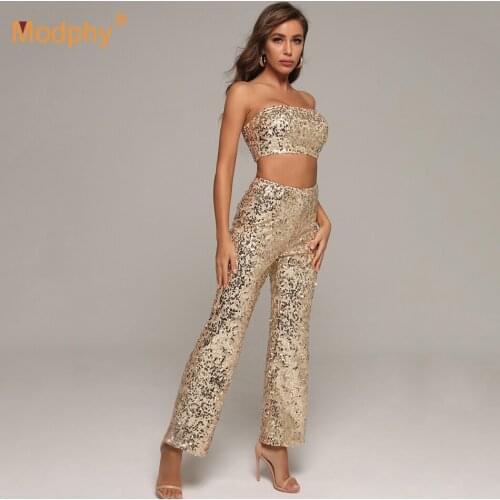 2020 Autumn Fashion New Shiny Gold Sequins 2 Two-Piece Set Sexy Off-Shoulder Short Top + Trousers Celebrity Party Club Suit