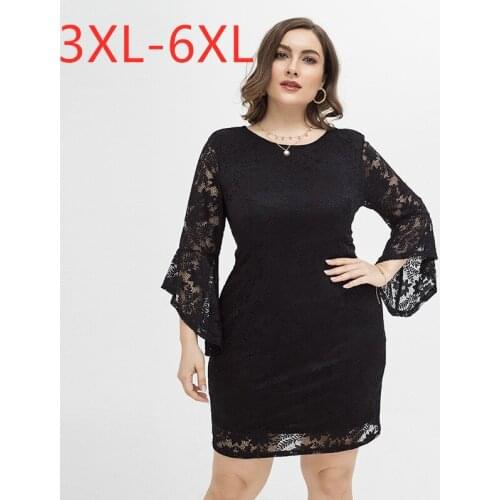 New 2021 spring autumn plus size party dress for women large long sleeve slim casual lace black elegant dress 3XL 4XL 5XL 6XL