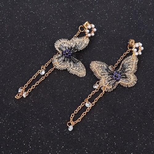 New Fashion Women Pearl Earrings Embroidery Butterfly Crystal Long Tassel Drop Dangle Earrings Jewelry aretes de mujer modernos