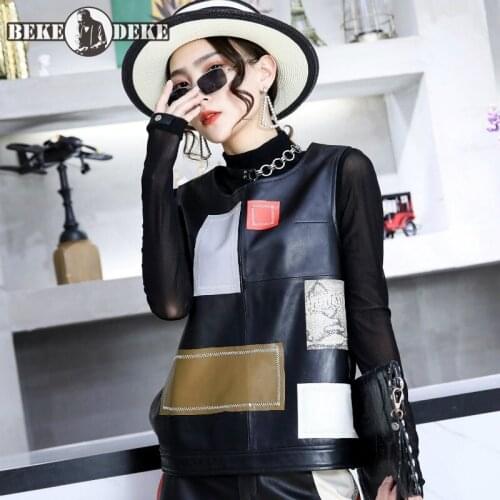 New Fashion Women Sleeveless Pullover Sheepskin Genuine Leather Vest Ladies Casual Slim Fit Patchwork Waistcoat Outerwear Tops
