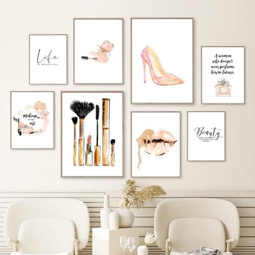 Cosmetics Printing Posters Pink Fashion Cosmetics High-Heeled Shoes Lips Canvas Oil Painting Wall Art Modern Girls Room Decor