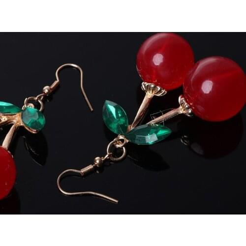 Sweet Golden Toe Resin Fruit Fresh Green Leaf Red Cherry Harvest Stud Earrings E56A