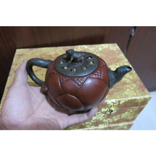 Old Chinese Handcraft Enameled YiXing Zi Sha Clay (red stoneware) Teapot .Singing Frog,with mark,Free shipping