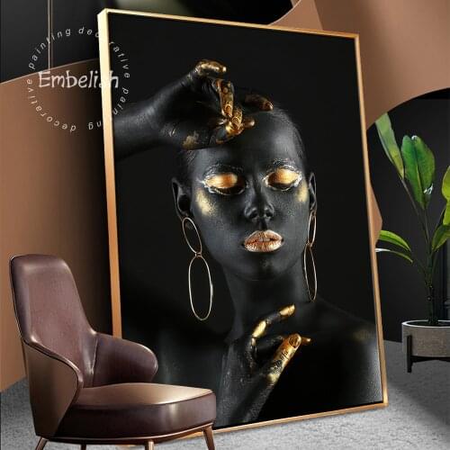 Embelish Black Nude African Woman With Golden Fibger And Lips Home Decor Wall Art Picture For Living Room Canvas Painting Poster