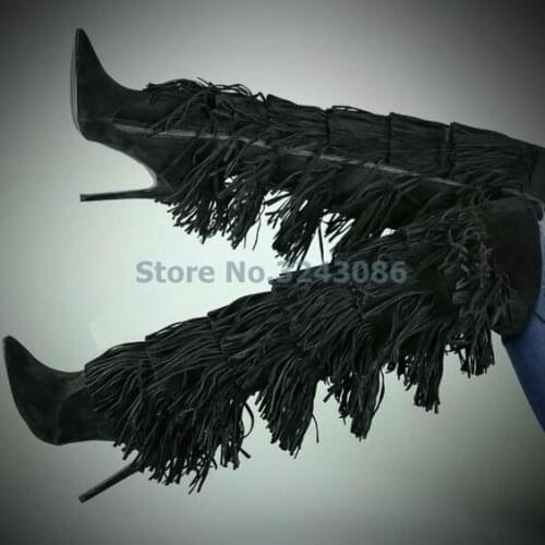 Pointed Toe Knee High Fringe Long Boots Black Brown Thin High Heel Women Long Boots Bohemian Style Casual Women Boots