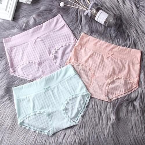 Women Panties Thread Ice Silk Female Lace Edge Breathable Briefs Sexy Underwear Female Mid Waist Crotch Lingerie Intimates