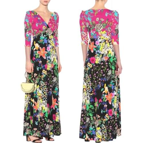 New Womens Flower bloom V Neck Half slee Knitted Slim long Dress