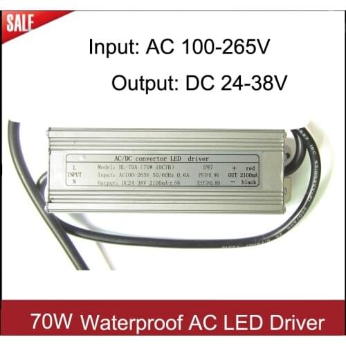 1pcs High Power 70W Waterproof Input AC 85-265V Output DC 24-38V 2100mA LED Driver Power Supply For LED Lights Lamp