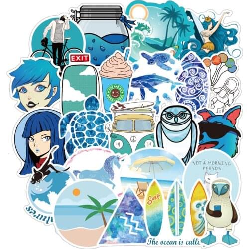 100Pcs Cartoon Simple Blue Summer Graffiti Vsco Stickers For Motor & Suitcase Cool Laptop Skateboard DIY Waterproof Stickers F3