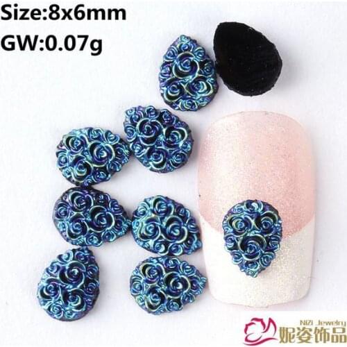 200pcs / bag 8x6mm AB color Rose Totem Design water drop shape resin beads flatback nail decoration