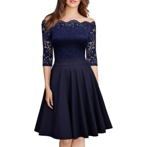 2019 Elegant Womens Evening dress solid off shoulder slim sleeve dress with laceh Hollowed out Party Dress