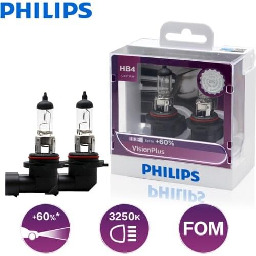 2X Philips HB4 12V 55W P22d VisionPlus 3250K Brighter vision Up to 60% increased vision Halogen Car Lamps Head Lights 9006VPS2