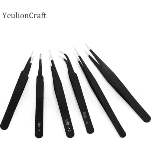 Chzimade 6Pcs Anti-static ESD Stainless Steel Tweezers Cutting Dies Tools Industrial Precision Curved Straight Tweezers