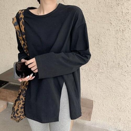 Alien Kitty Office Lady Tops Women Basewear 2021 All-Match Basic Fashion Split Full Sleeves Minimalist Solid Loose Tees T-Shirts