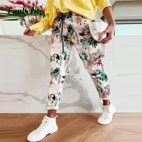Women Elegant Lace-Up Elastic Waist Sport Trousers Spring Summer Vintage Floral Print Long Pants Female Loose Casual Sweatpants