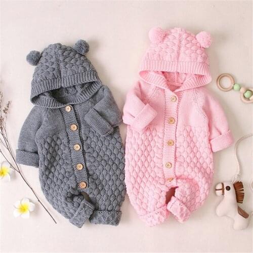 Baby Girls Bear Ear Knit Romper Boys Hooded Newborn Sweater Kids Jumpsuit Babys Outfit Autumn Winter