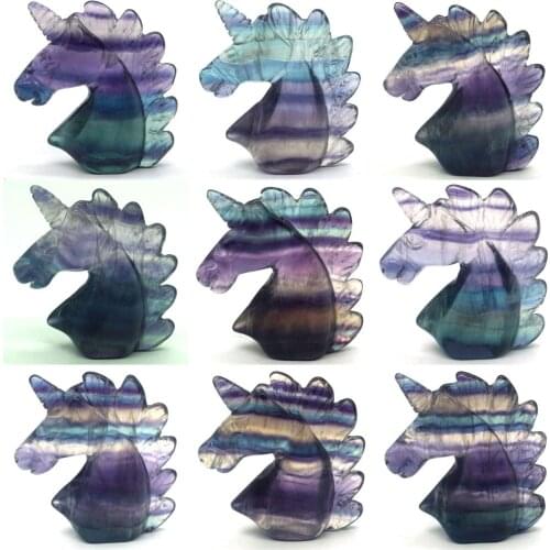 1.9" Unicorn Head Figurine Natural Gemstone Fluorite Carved Reiki Healing Statue Home Decor