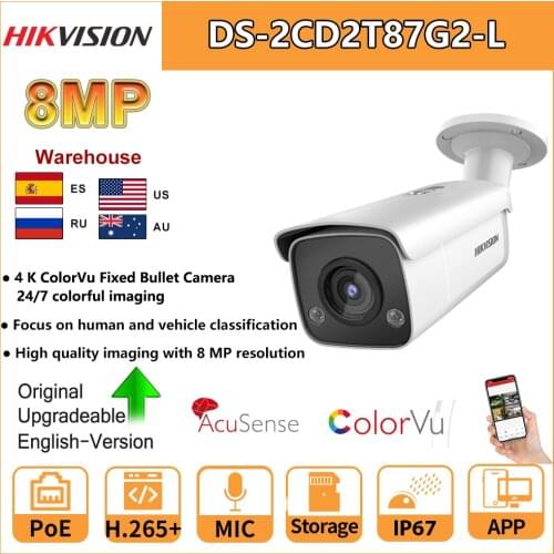 Hikvision 4K 8 MP ColorVu Bullet Network AcuSense PoE IP Camera DS-2CD2T87G2-L H.265+ SD Slot Human and Vehicle Classification