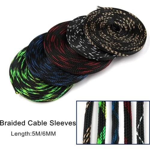 Length 5M Cable Sleeves 5 Colors 6mm Insulation Braided Cable Sleeving Tight PET Expandable Wire Gland Mesh Shock For Wire Sets