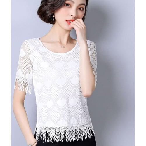 New Elegant Temperament Shirt Casual Korean Half Sleeved Embroidery O-Neck Lace Blusas Tops DD8245
