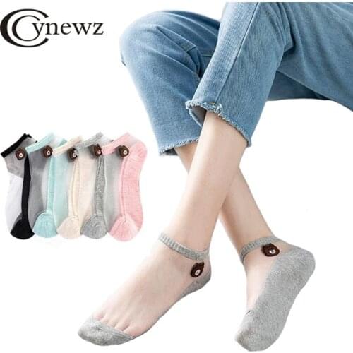 5 Pairs/Pack Summer Ultrathin Female Socks Transparent Silk Cartoon Bear Korean Style Cool Ankle Socks for Women