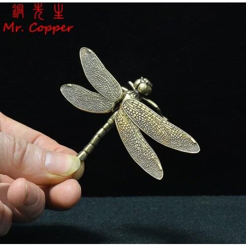 Chinese Style Copper Insect Tea Pet Vintage Dragonfly Figurines Miniatures Desktop Simulation Animal Ornaments Home Decorations