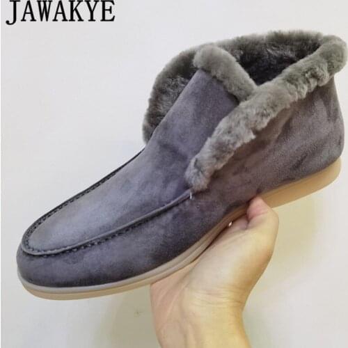 Men Real Wool Snow Boots Nude Grey High Quality Suede Leather Slip-on Fur Boots Top-level Comfort Warm Winter Ankle Boots Man