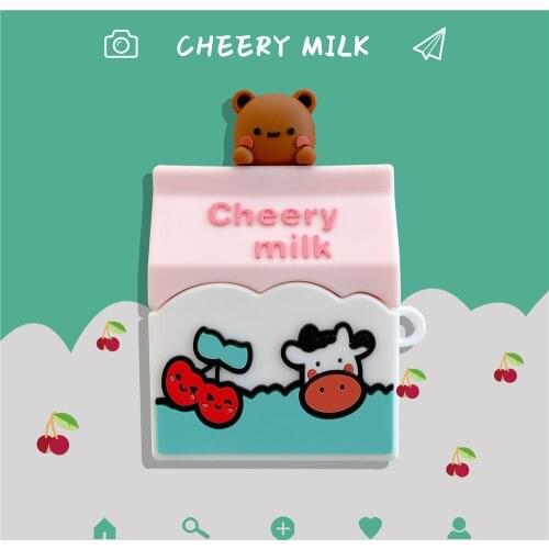 Cartoon Cherry Milk Soft Silicone Earphone Case For Apple Airpods 1 2 Pro Cute Bear Doll Carabiner Chains Hooks Protective Cover