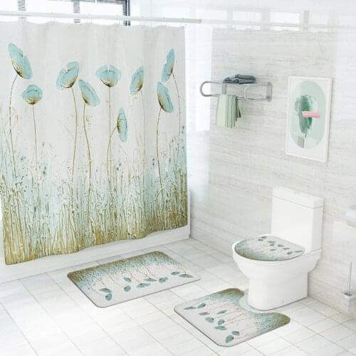 Plant printing bathroom mat set, shower curtain and shower room anti-slip mat, toilet floor mat, home decoration toilet mat