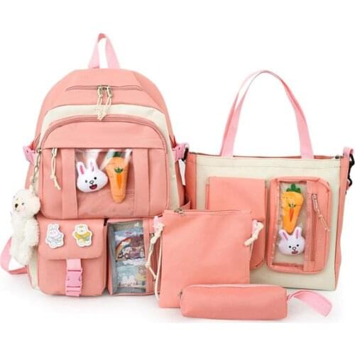 New Schoolbag Female Ins Backpack Four-Piece Large Capacity Junior High School Campus Harajuku College Style Female Backpack