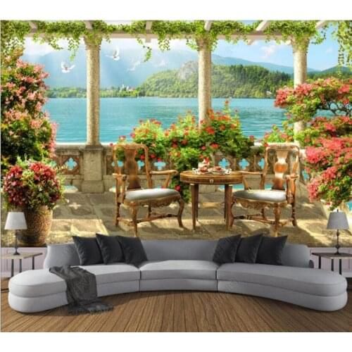 Papel de parede Pillar balcony lake scenery background wall 3d wallpaper,bedroom KTV bar mural wall decor