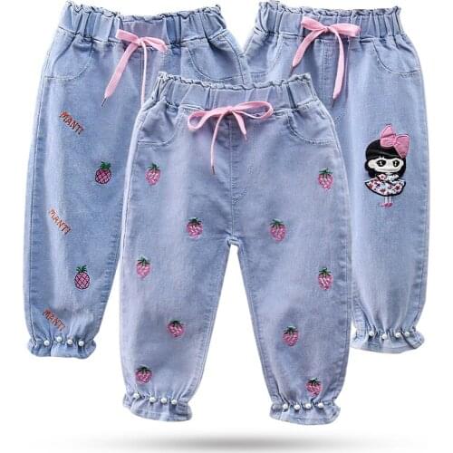 1-7Y Summer Childrens Cartoons Embroidered Pants Childrens Go out Pants Thin Section Girls Casual Pants Cuhk Children Jeans