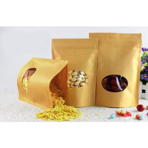 15*22+4cm 50pcs Stand Up Clear Window Brown kraft paper bags with Zipper lock for Food/Tea/Nut/Coffee Resealable Packaging Bag