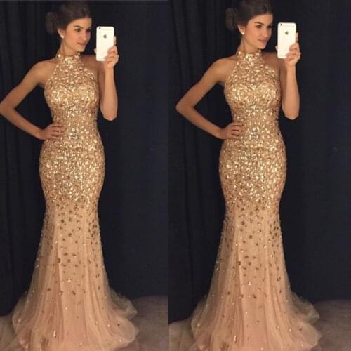 Luxury Gold Mermaid Prom Dresses 2021 vestidos de fiesta largos elegantes de gala Beaded Crystal Imported Party Dresss