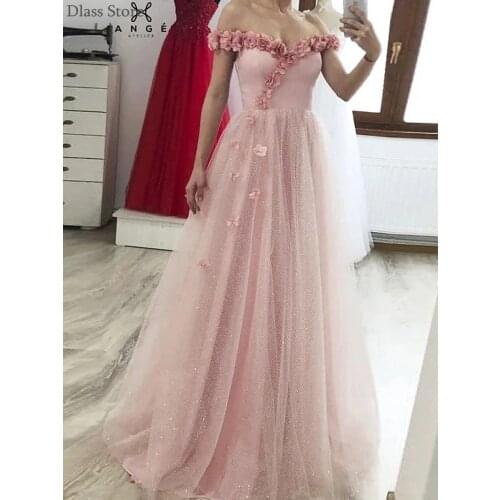 Rose Pink Tulle Evening Dress 3D Flower A-line Off Shoulder Sweetheart Neck Floor Length Sleeveless Prom Dress vestidos formales