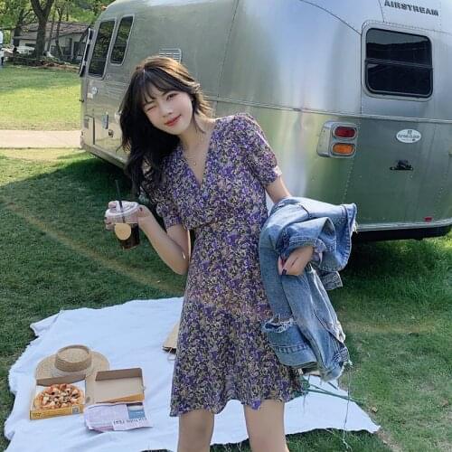 2020 V-Neck Chiffon Floral Dress Vintage Printed Dress Womens Ladies Short Sleeve Fashion Casual Sweet