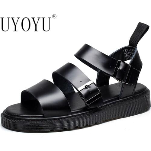 UYOYU Unisex 100% Genuine Leather Men Shoes Black Cowhide Summer Women Large Big Size 35-45 Mens Sandals Men Sandals Fashion