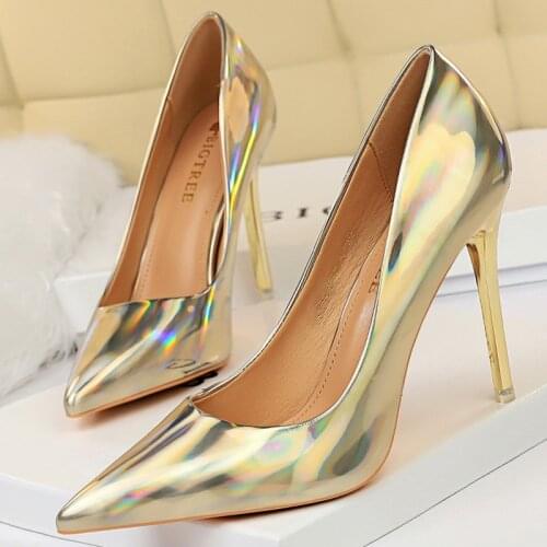 2021 Women 10.5cm High Heels Blue Gold Valentine Pumps Lady Luxury Shiny Stripper Stiletto Wedding Bridal Fetish Shoes Plus Size