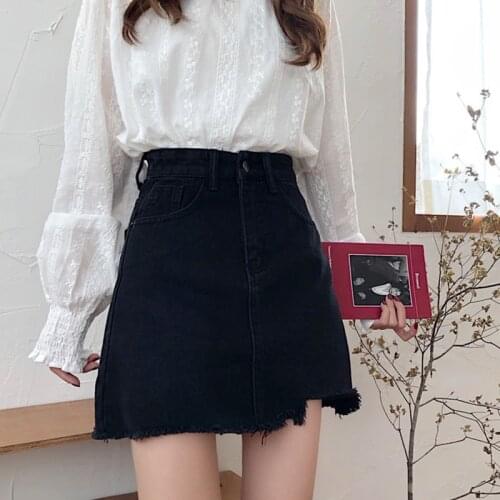 Ailegogo Streetwear Female High Waist Vintage Washed A-line Short Denim Skirts Spring Summer Women Hole Tassel Jeans Skirt