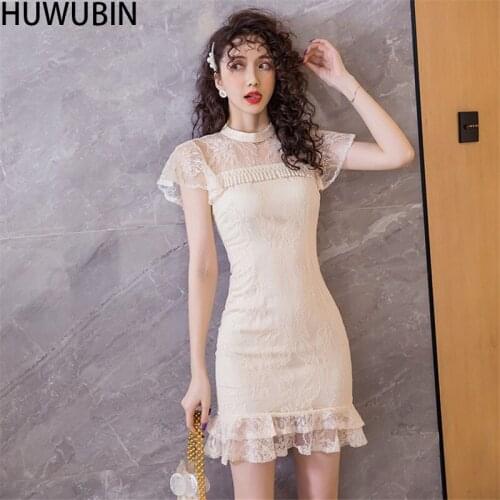 2021 New Korean Womens Elegant Lace Dress Summer Short Sleeve Perspective Sexy Fashion Temperament Party Mini Ruffle Dress