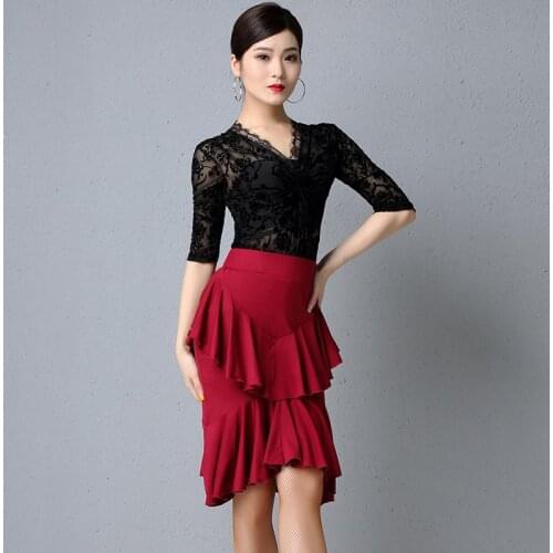 New Female Latin Dance Dress Long Sleeve Black/Red Tops Practice Skirt Ballroom Dance Competition Dress Rumba Dancewear M-2XL